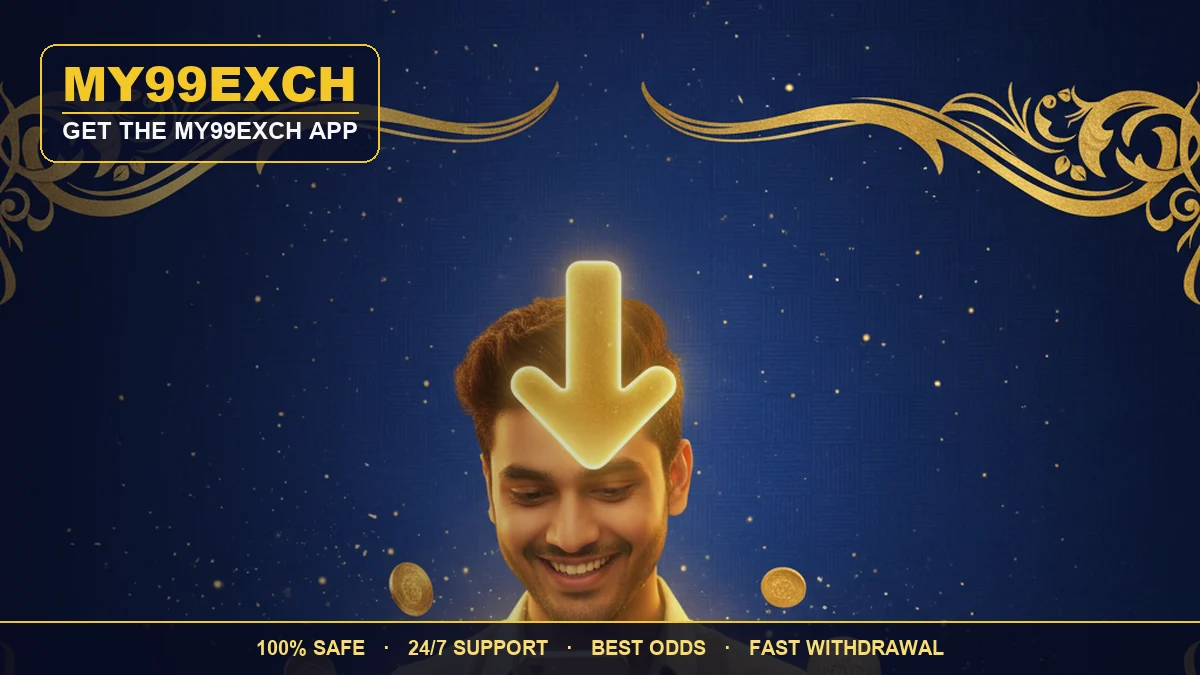 My99Exch app — a young man holding a phone showing a glowing app on a royal blue and gold background