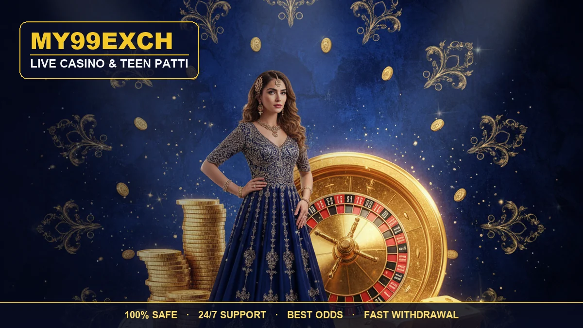 My99Exch live casino — an elegant dealer beside a golden roulette wheel on a royal blue and gold background