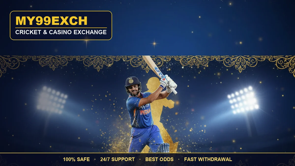 My99Exch cricket exchange — an Indian batsman playing a shot with a gold silhouette on a royal blue and gold background