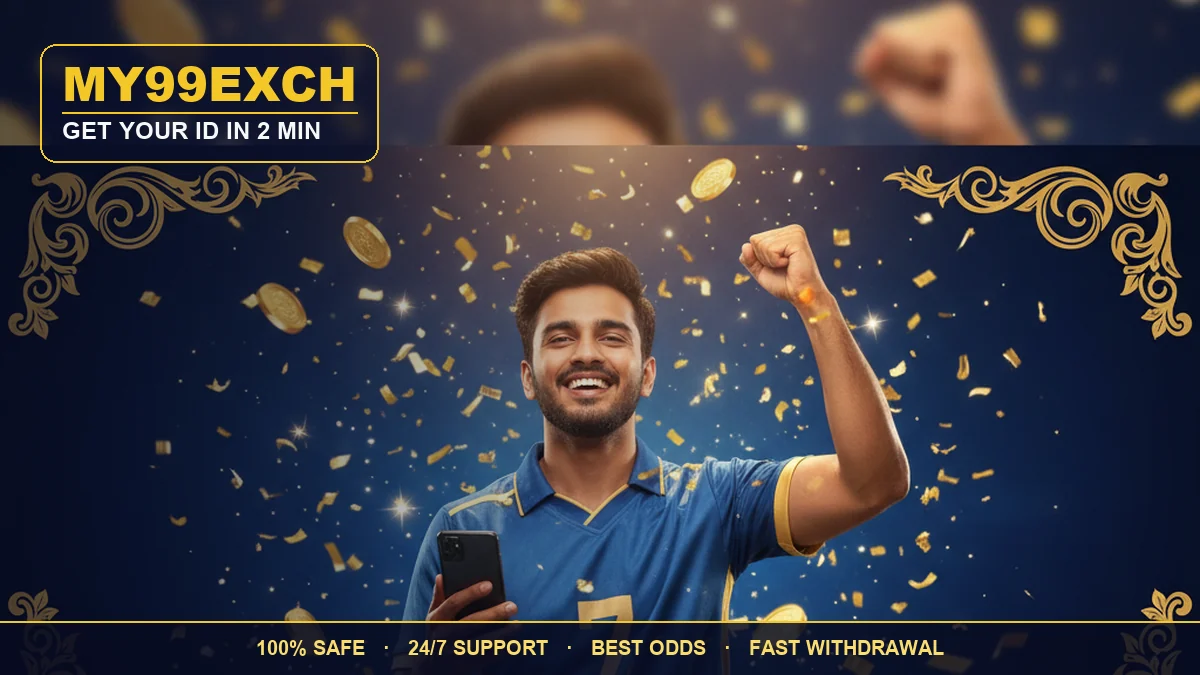 Getting a My99Exch ID — an excited young man celebrating with a phone and gold coins on a royal blue background