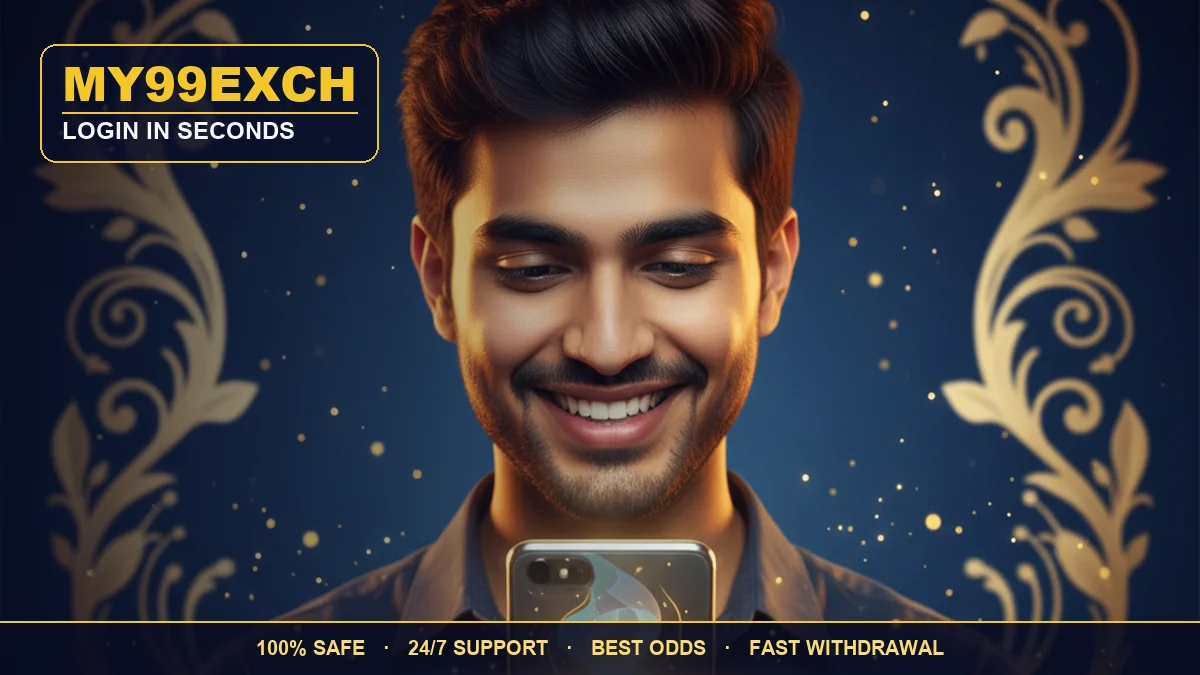 My99Exch login — a happy man holding a phone on a royal blue and gold background