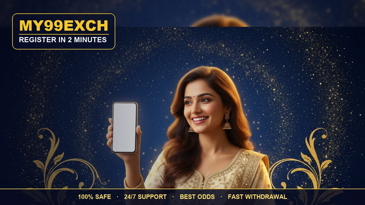 My99Exch registration — a cheerful young woman holding a phone on a royal blue and gold background